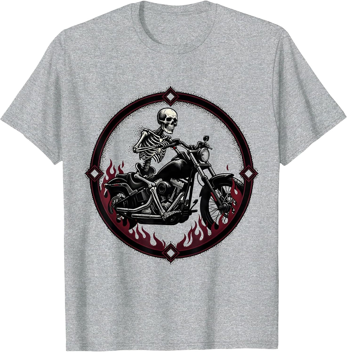 Men's Skeleton Rider Flaming Motorcycle Biker Graphic T-Shirt - Heather Grey