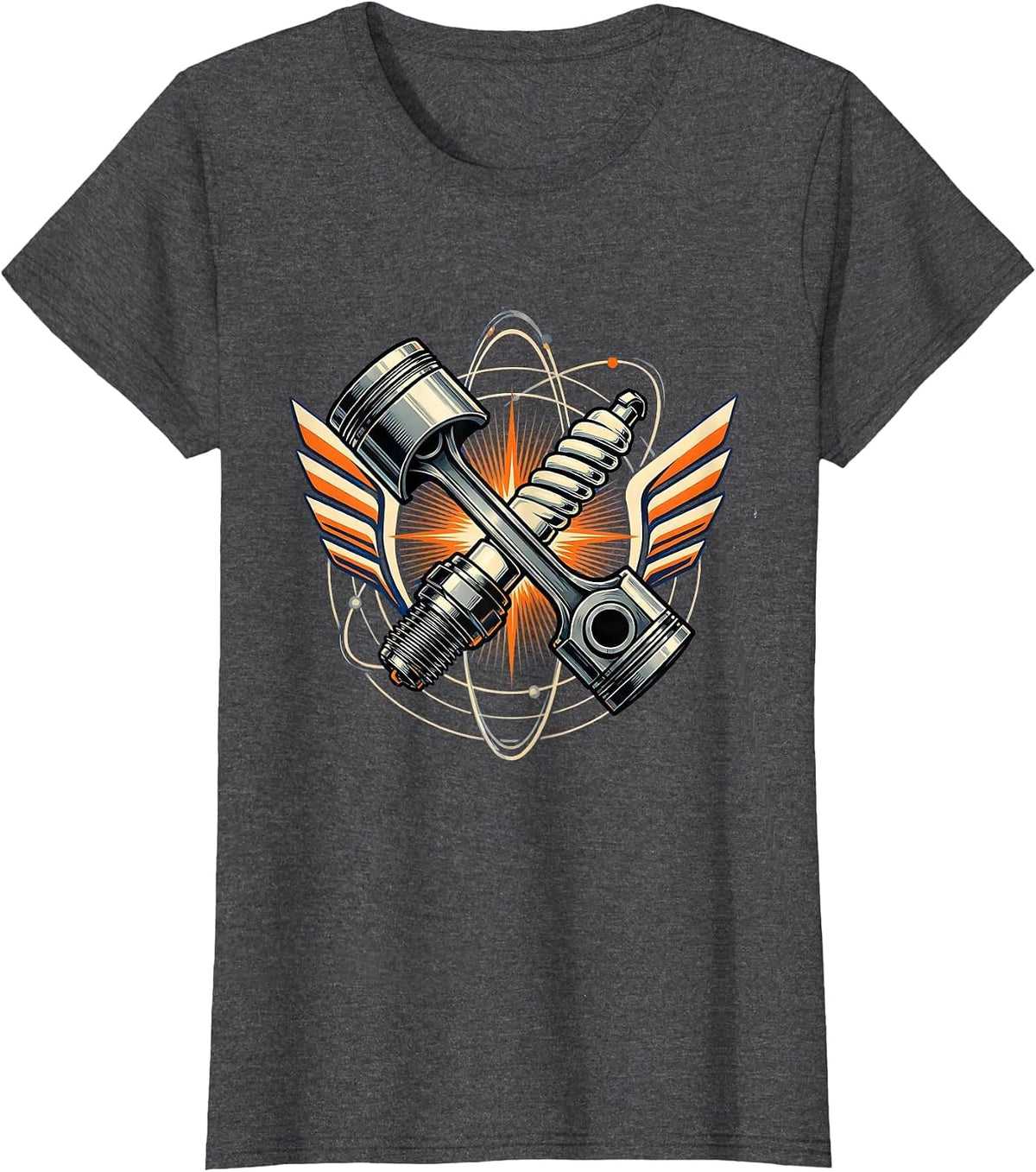 Women's Piston and Spark Plug Crossed Motorcycle Design T-Shirt - Dark Heather Grey