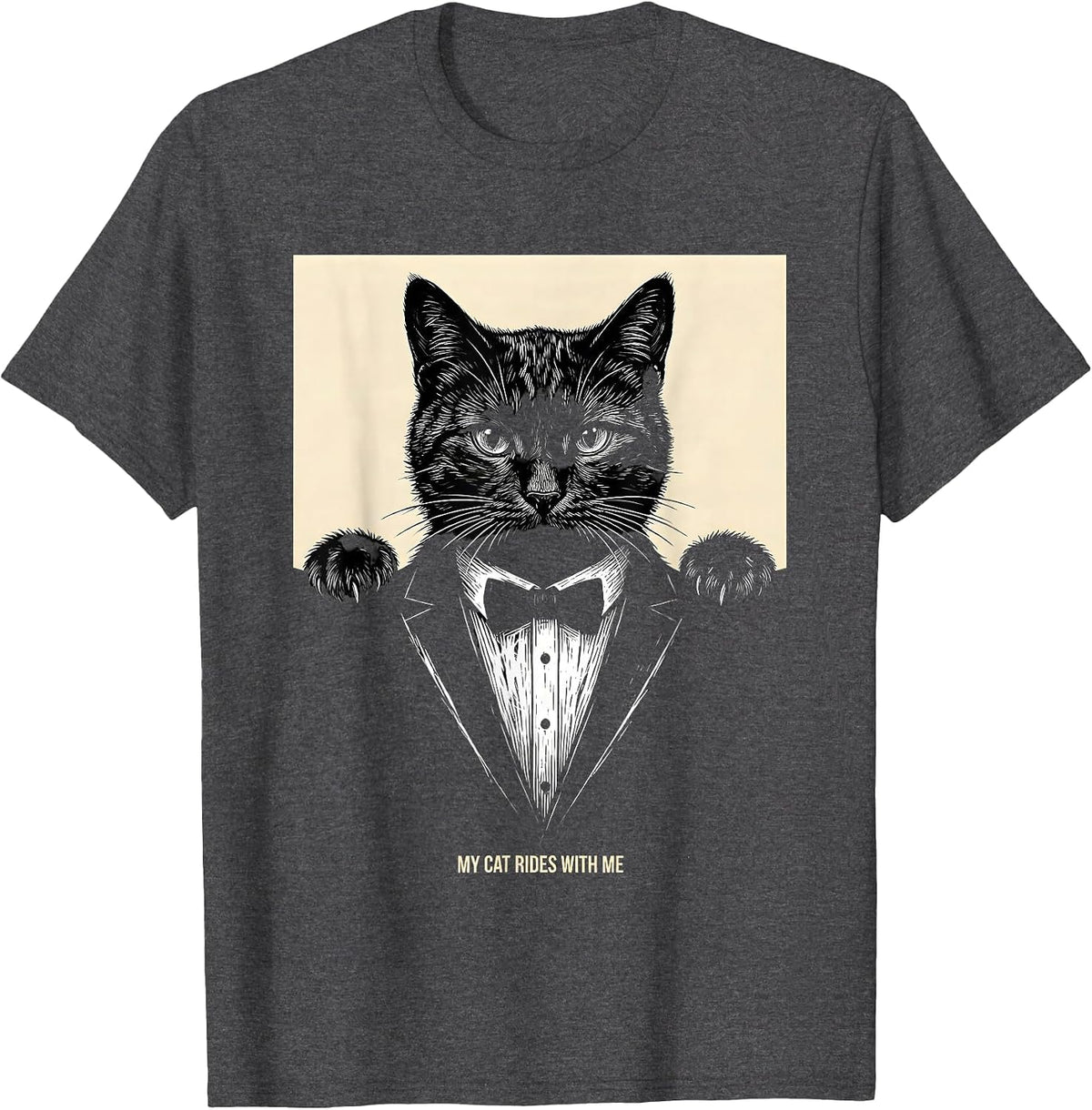 My Cat Rides With Me Playful Pet Owner Cat Pocket Design T-Shirt - Dark Heather Grey