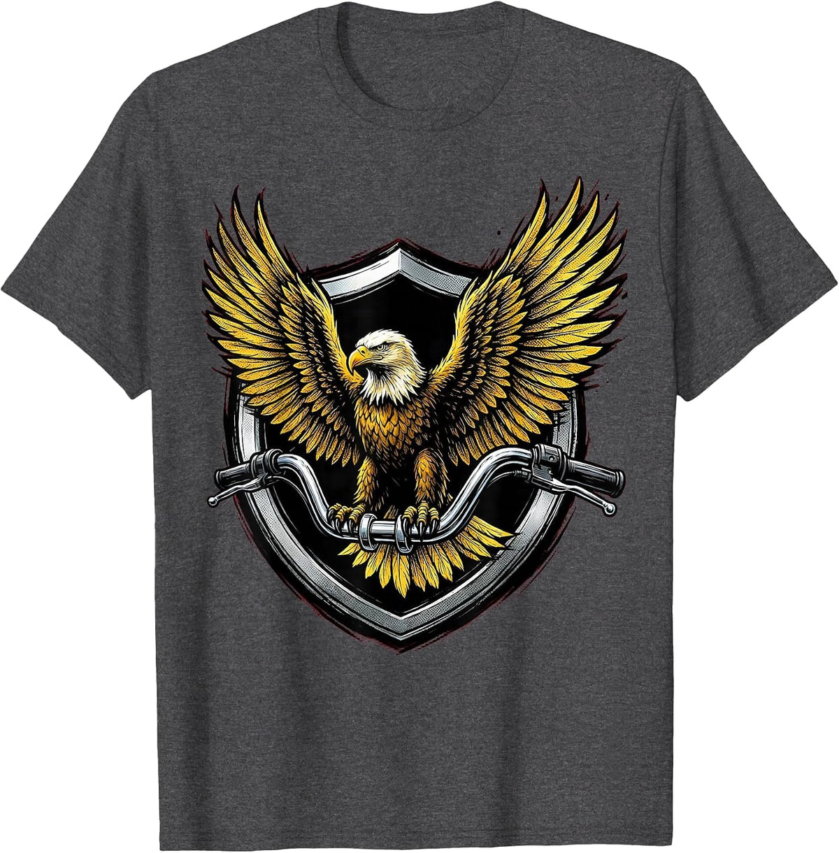 Eagle on Chrome Motorcycle Handlebar Biker Design T-Shirt - Dark Heather Grey