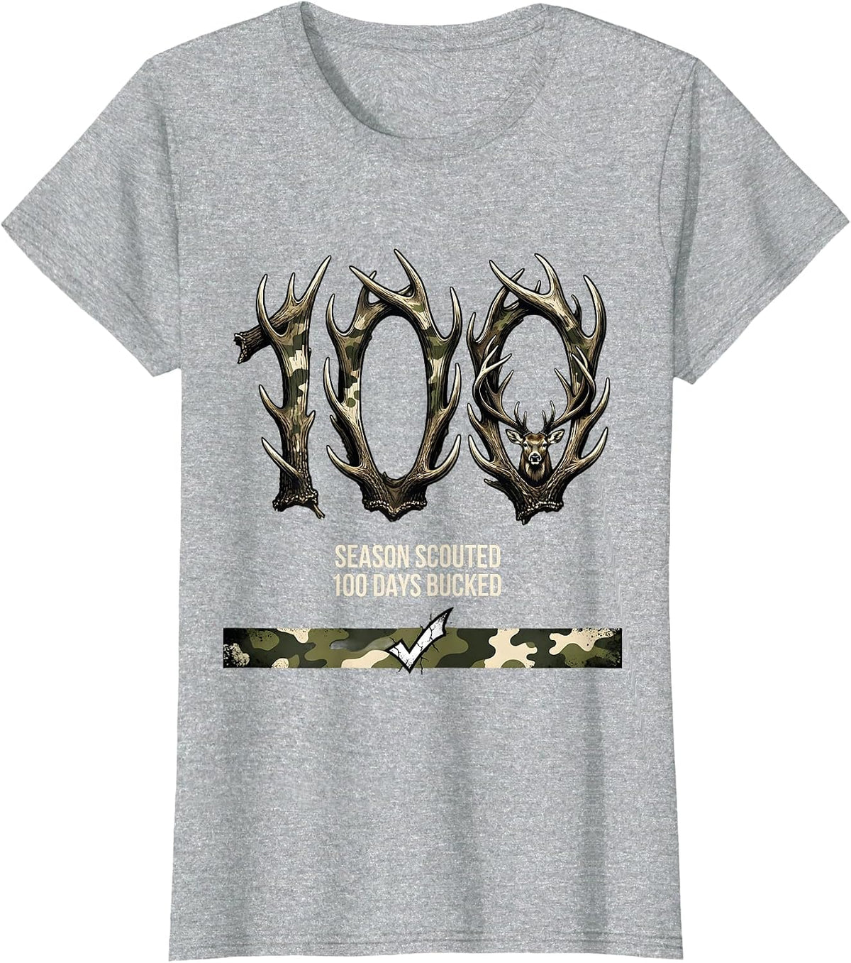 Women's Season Scouted 100 Days Bucked Deer Hunting Camo Boys 100th T-Shirt - Heather Grey