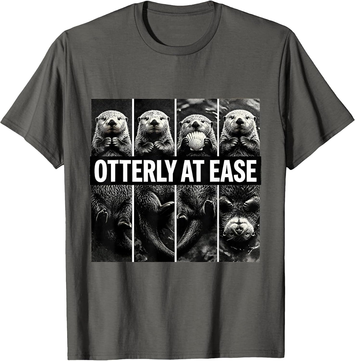 Otterly At Ease Monochrome Multi-Panel Sea Otter Humor T-Shirt - Asphalt Grey