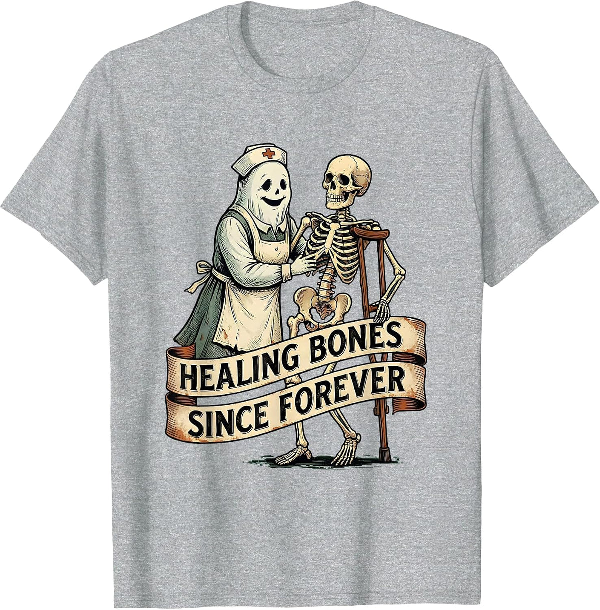 Men's Halloween Nurse Ghost Physical Therapist Design T-Shirt - Heather Grey