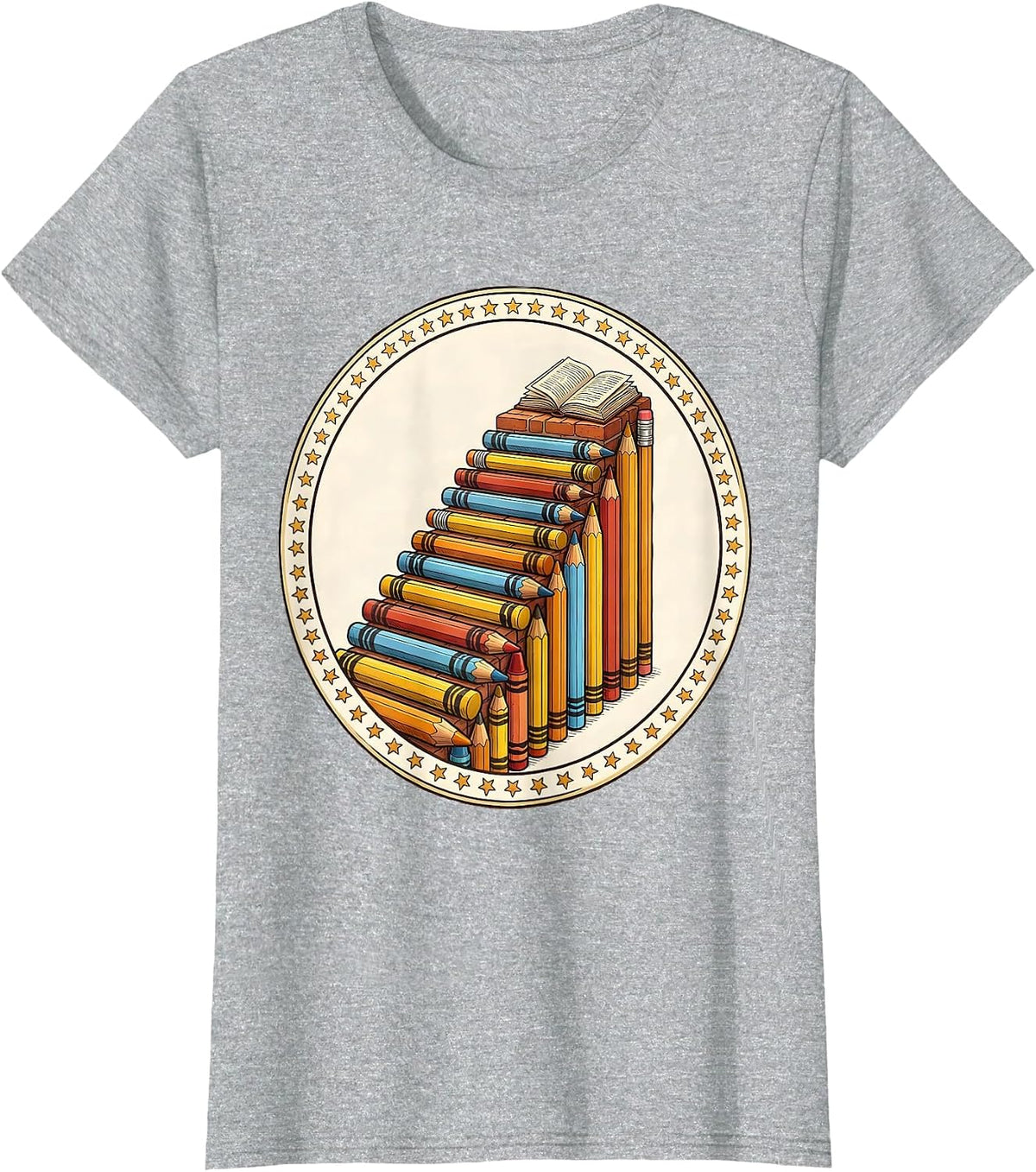 Women's Special Education Crayon Pencil Staircase Design T-Shirt - Heather Grey