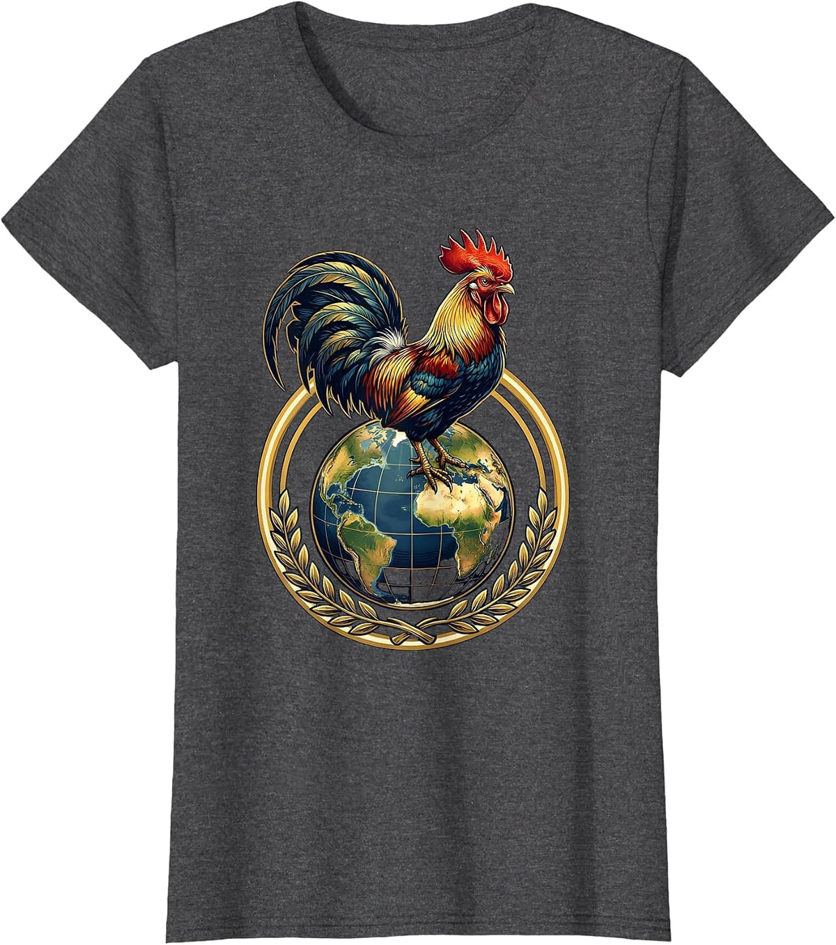 Women's Rooster Ruling the World Globe Graphic T-Shirt - Dark Heather Grey