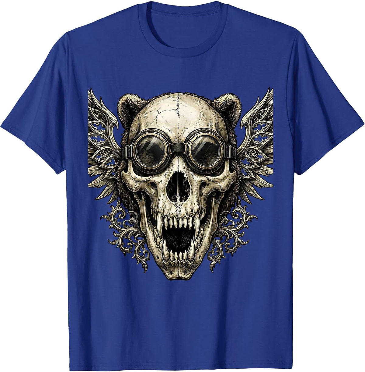 Men's Bear Skull Motorcycle Goggles Biker Graphic T-Shirt - Royal Blue