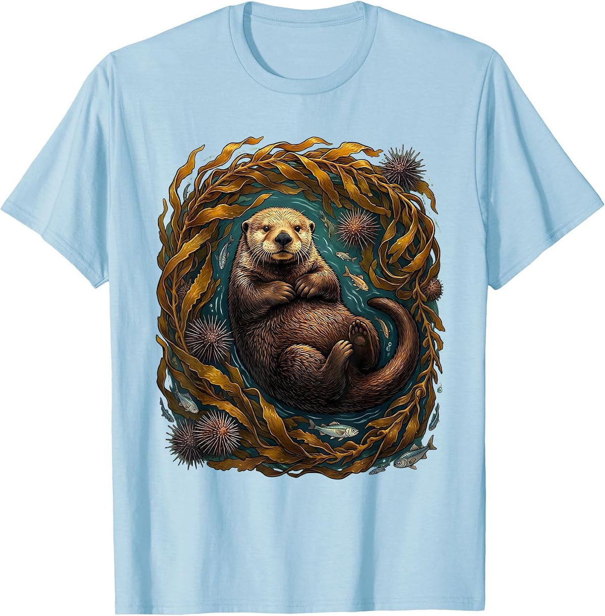 Men's Sea Otter Swirling Kelp Forest Illustration T-Shirt - Baby Blue