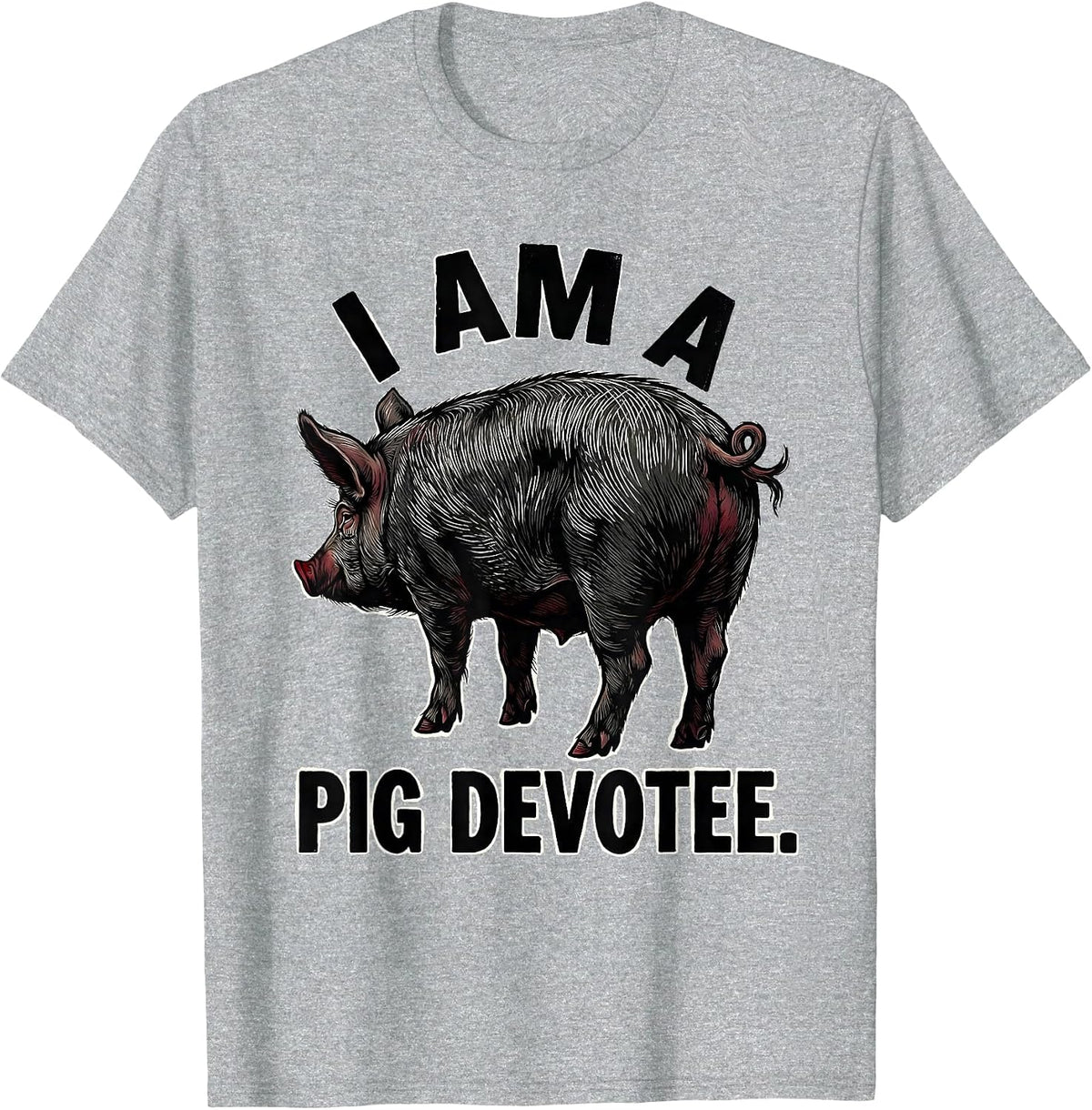 Men's I Am A Pig Devotee Funny Pig Lover Linocut Farm Animal Humor T-Shirt - Heather Grey