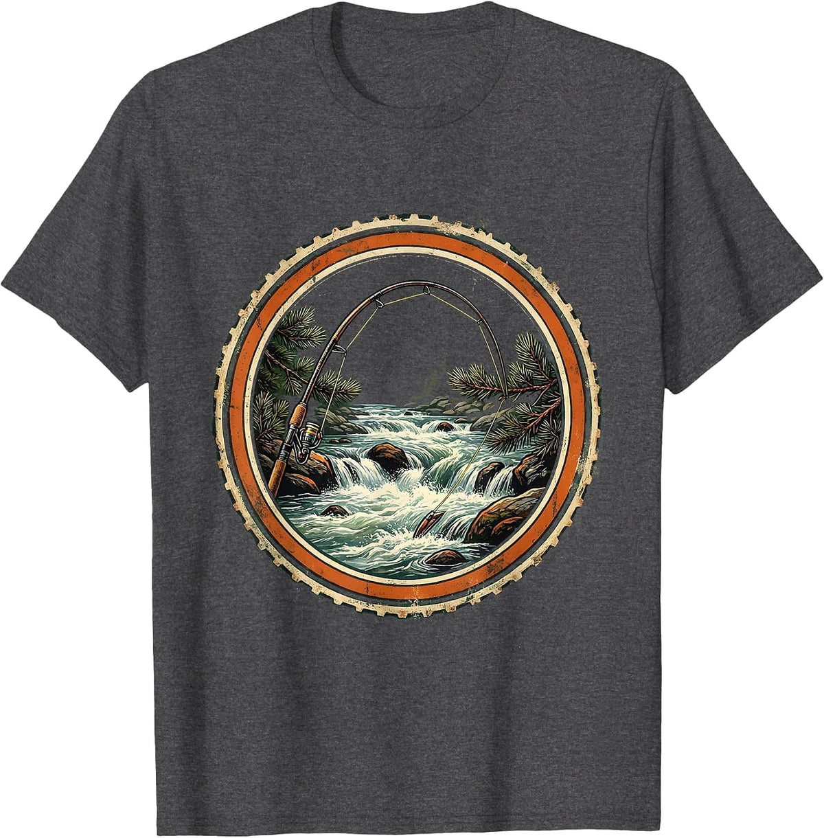 Fly Fishing Rod Over River Rapids Graphic T-Shirt - Dark Heather Grey