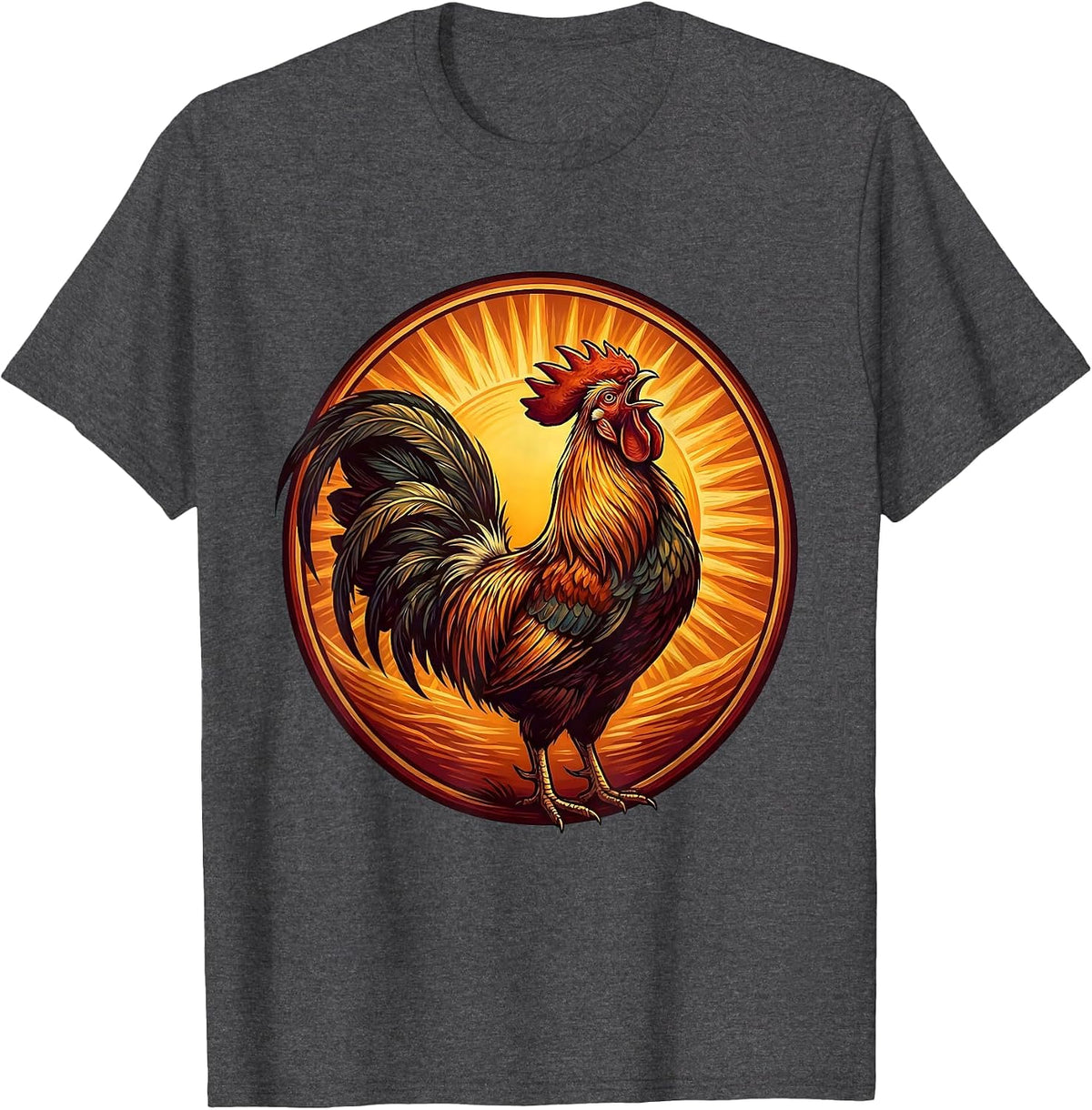 Men's Rooster Crowing at Sunrise Graphic Design T-Shirt - Dark Heather Grey
