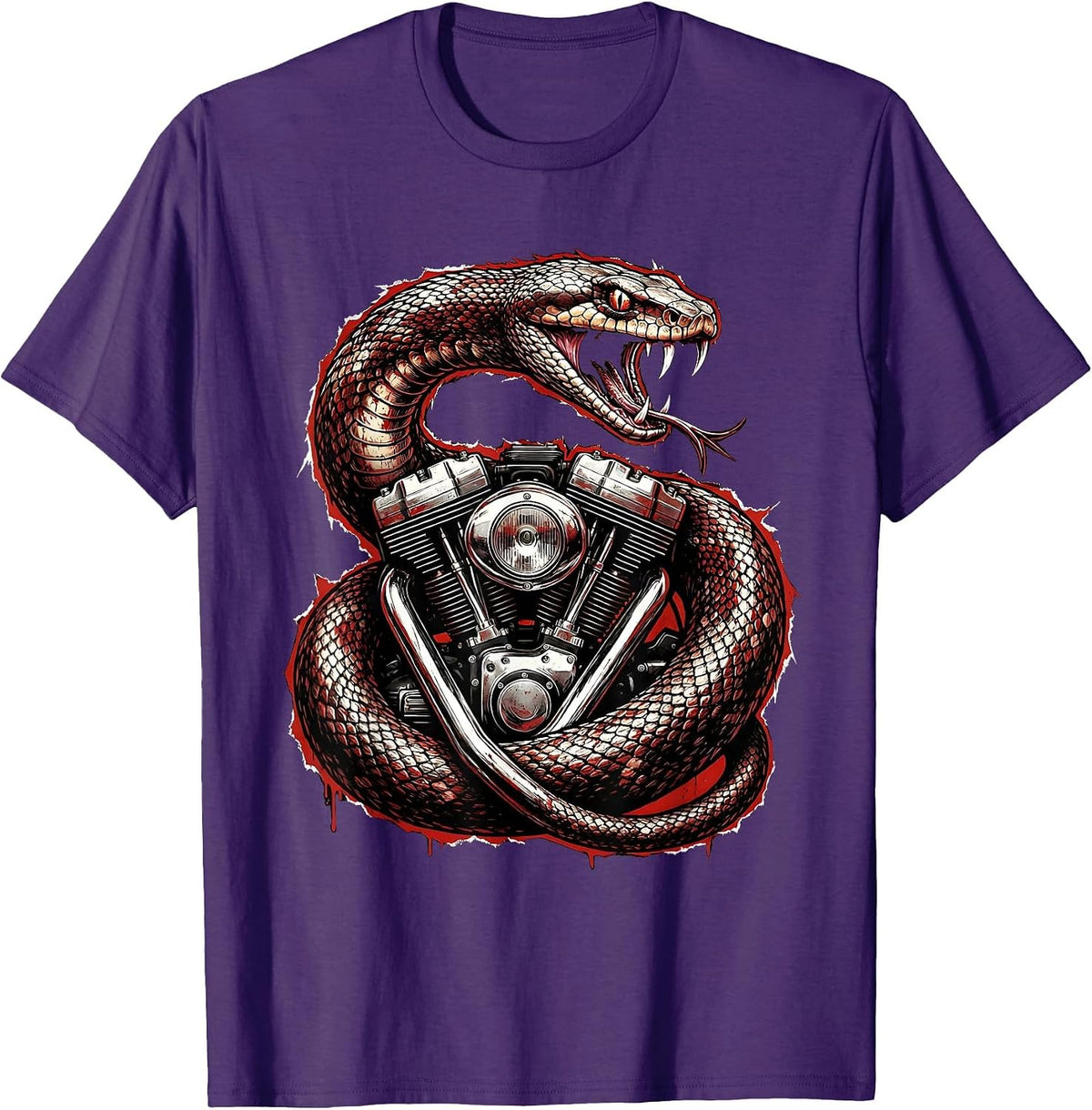 Men's Snake Coiled Vintage Motorcycle Engine Biker Art T-Shirt - Purple