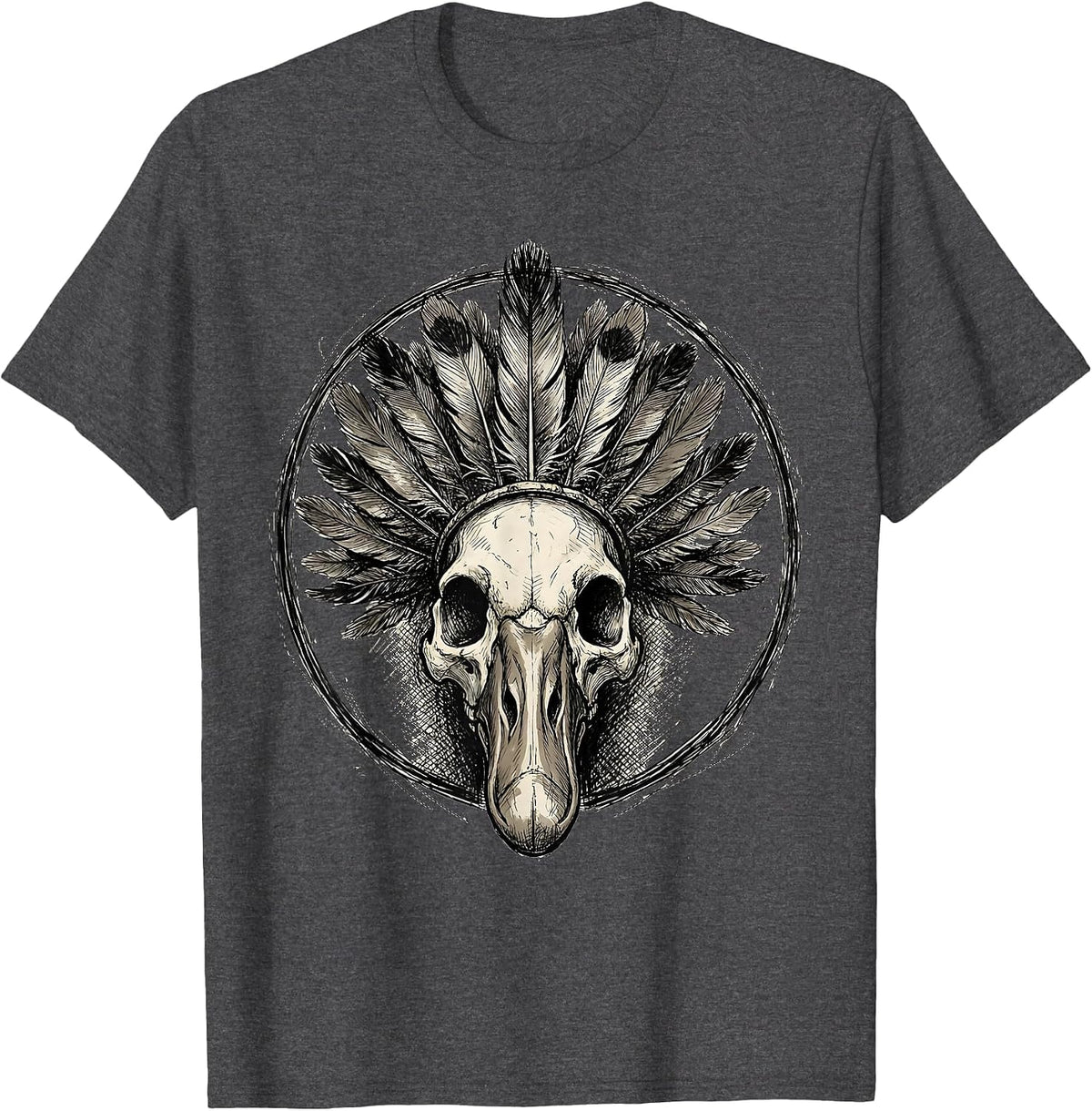 Goose Skull With Feather Headdress Illustration T-Shirt - Dark Heather Grey