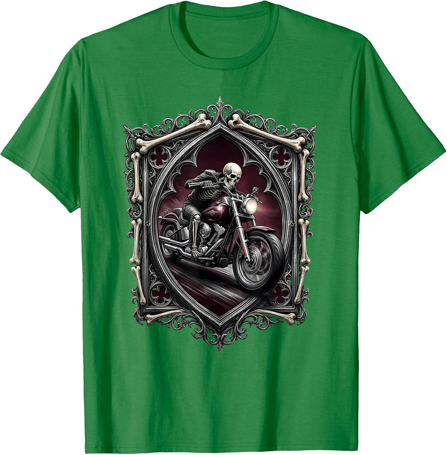 Men's Skeleton Biker Leaning Into Curve Motorcycle Art T-Shirt - Kelly Green