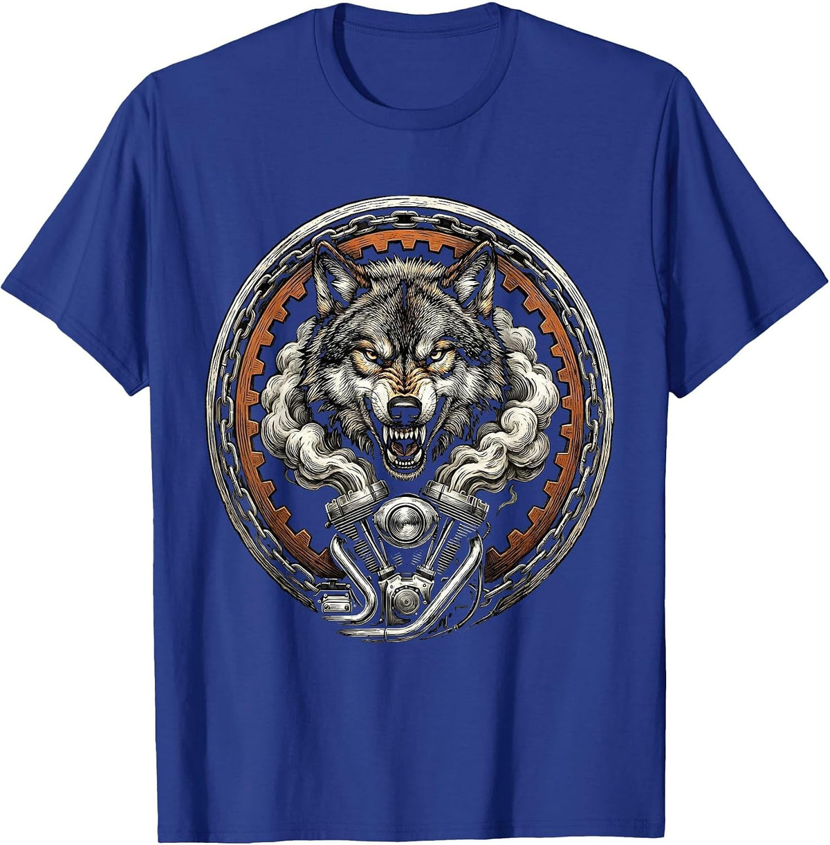 Wolf Head Motorcycle Engine Smoke Biker Graphic T-Shirt - Royal Blue