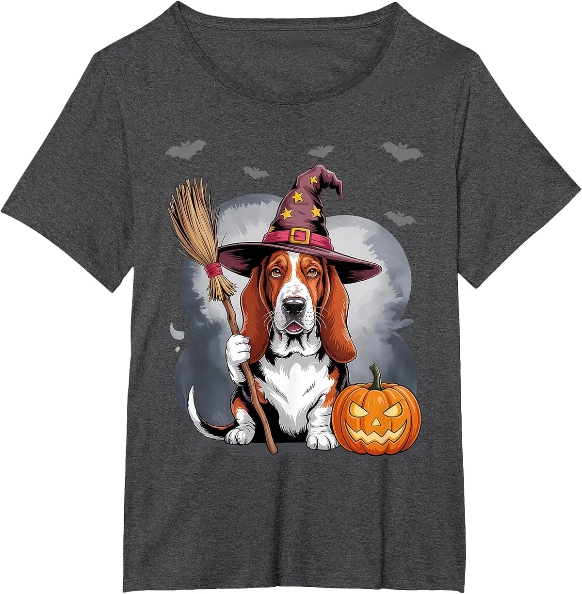 Cute Halloween Basset Hound Dog Fall Women's Graphic T-Shirt - Dark Heather Grey