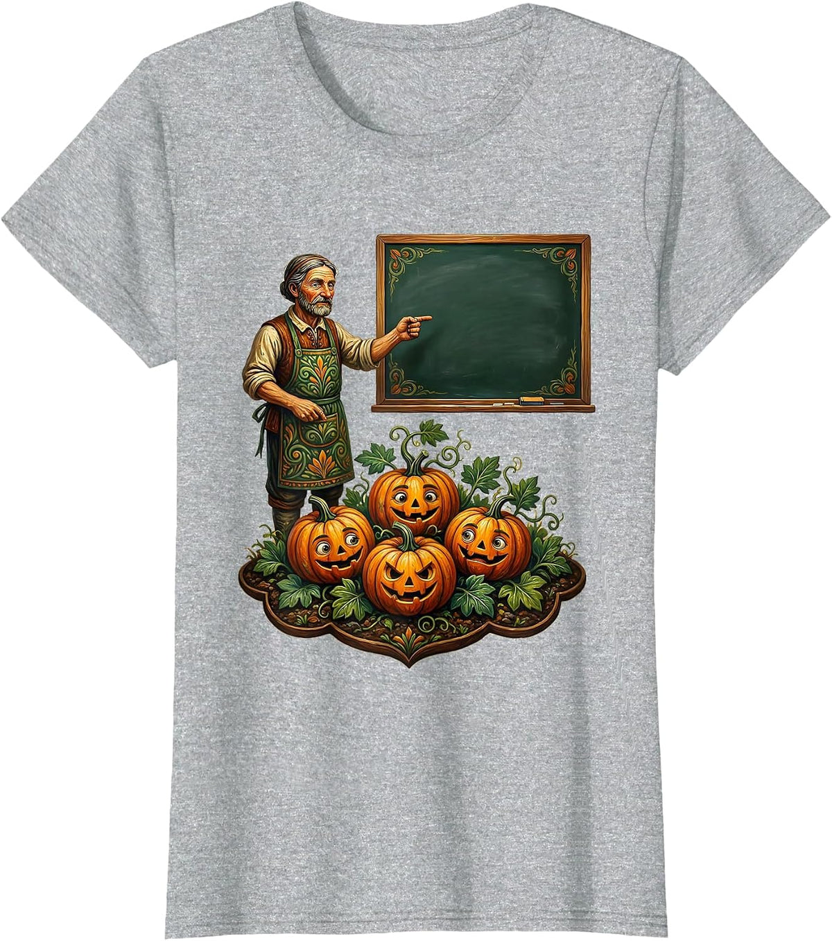 Teacher Pumpkin Folk Art Classroom Fall Pride T-Shirt - Heather Grey