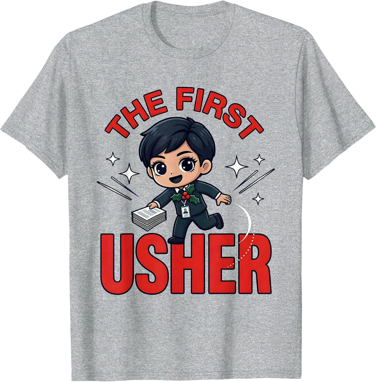 Men's THE FIRST USHER Funny School Staff Christmas Cartoon T-Shirt - Heather Grey