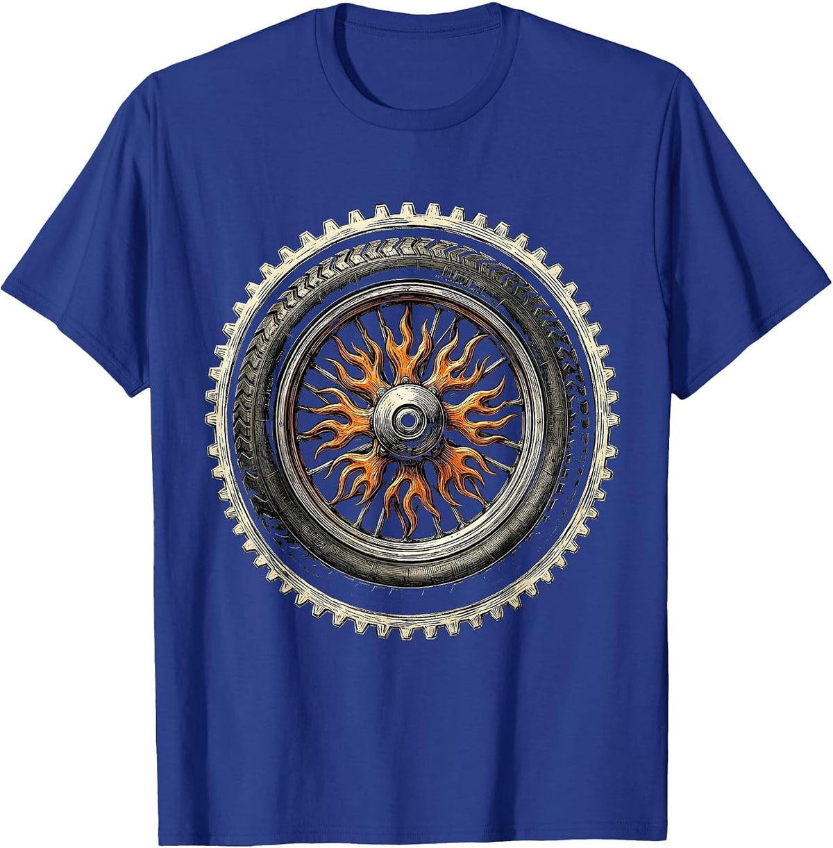 Motorcycle Wheel Fiery Spokes Graphic Tee T-Shirt - Royal Blue