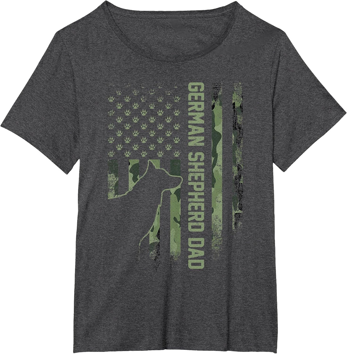 Vintage USA Camo Flag Proud German Shepherd Dad Silhouette T-Shirt - Dark Heather Grey