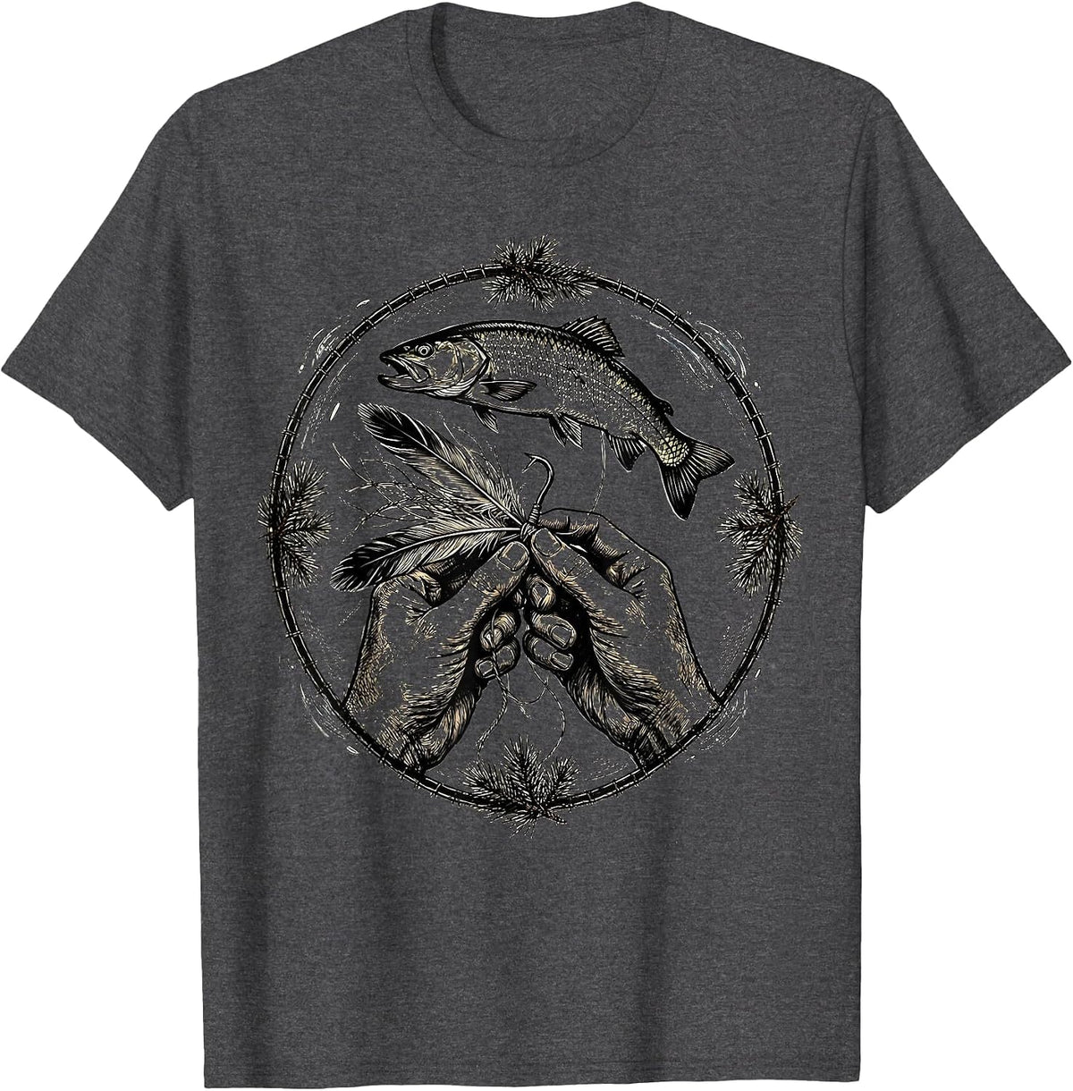 Fly Tying Weathered Hands Trout Fishing Illustration T-Shirt - Dark Heather Grey