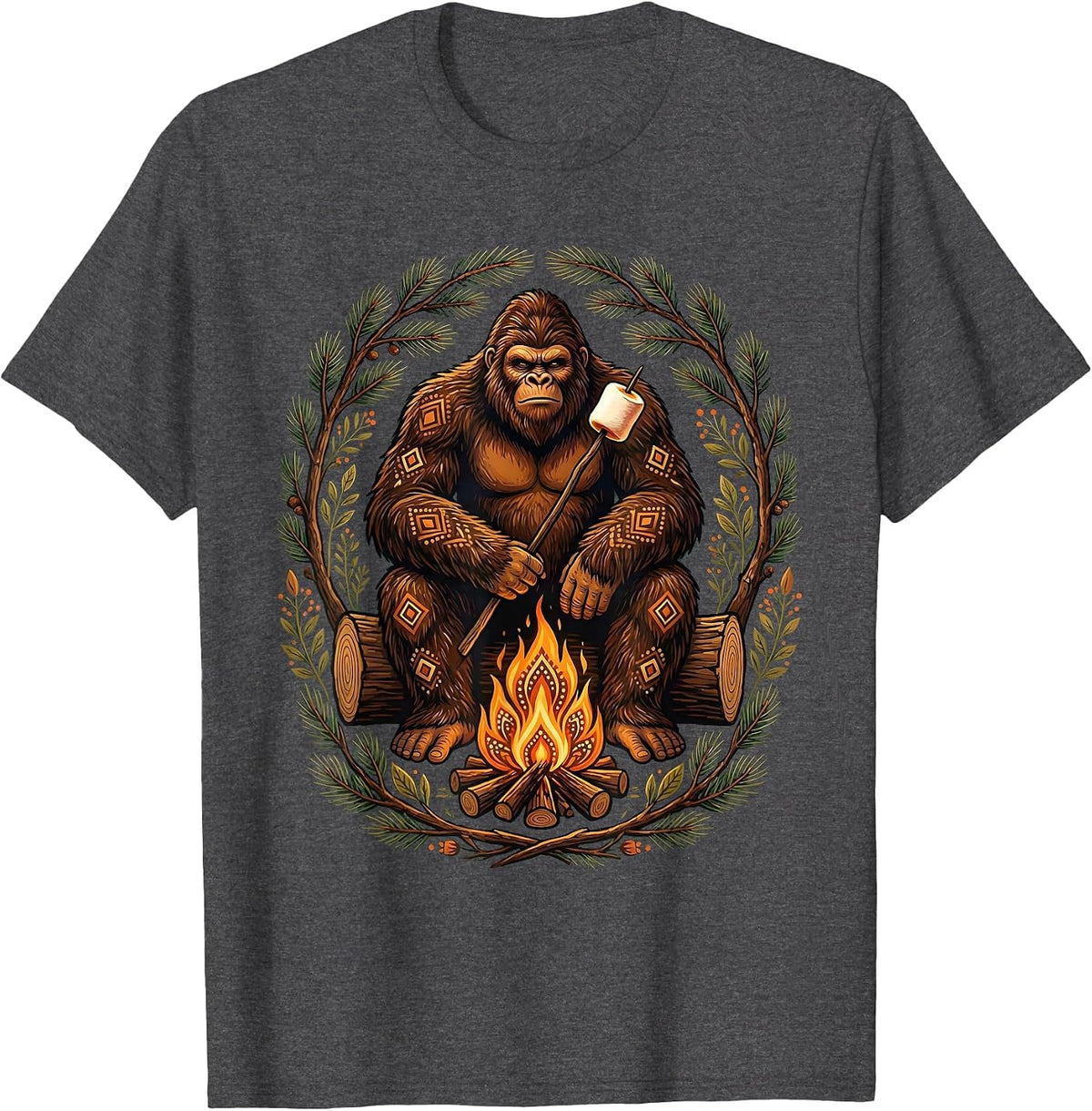 Sasquatch Roasting Marshmallow Over Campfire T-Shirt - Dark Heather Grey