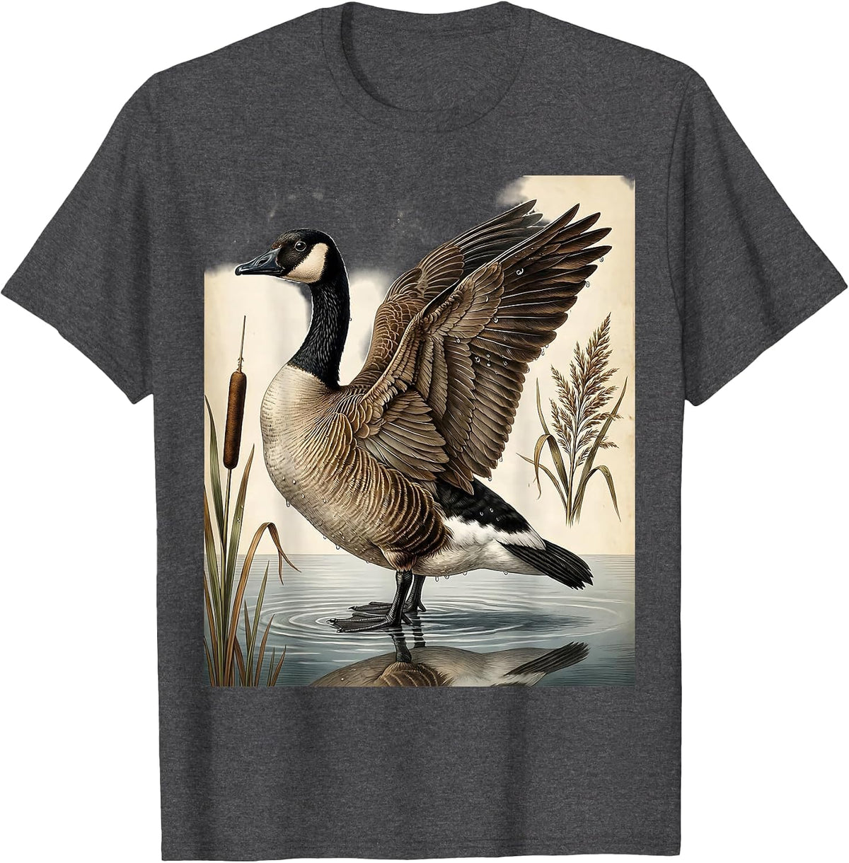 Goose Emerging From Misty Lake at Dawn T-Shirt - Dark Heather Grey