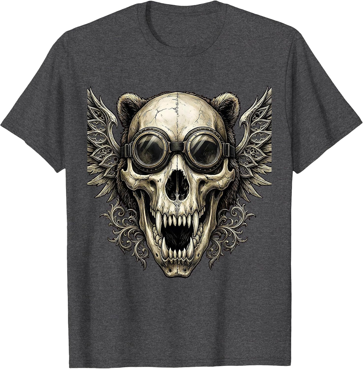 Men's Bear Skull Motorcycle Goggles Biker Graphic T-Shirt - Dark Heather Grey