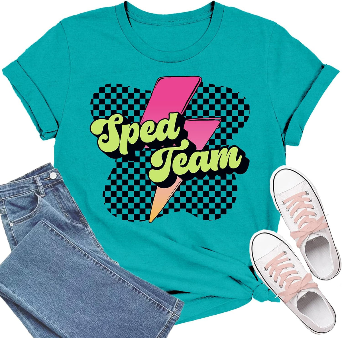 Sped Team Shirts for Women 90s Neon Teacher Shirt Sped Teacher Tee - Cyan