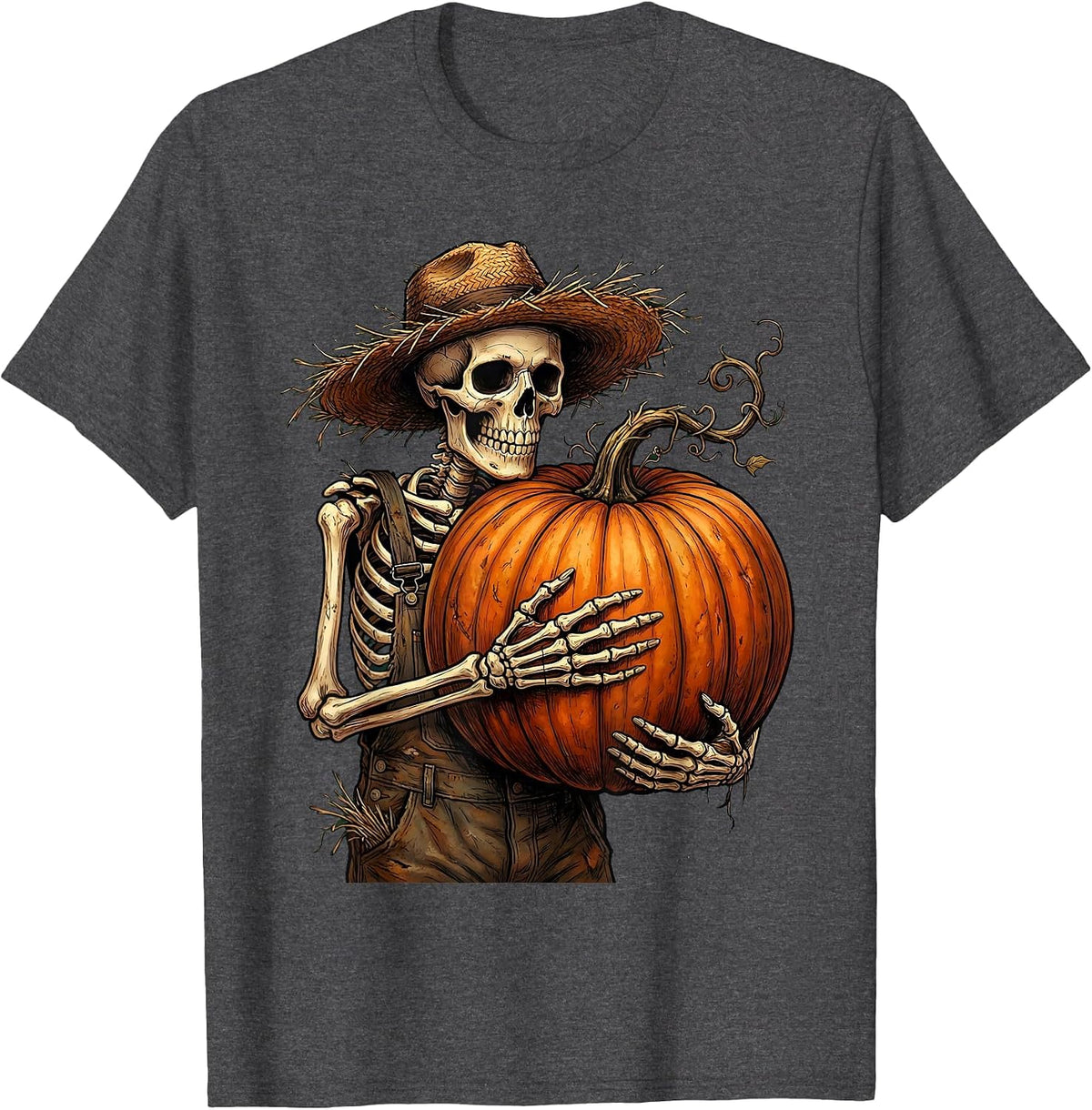 Men's Skeleton Farmer Cradling Pumpkin Halloween Design T-Shirt - Dark Heather Grey