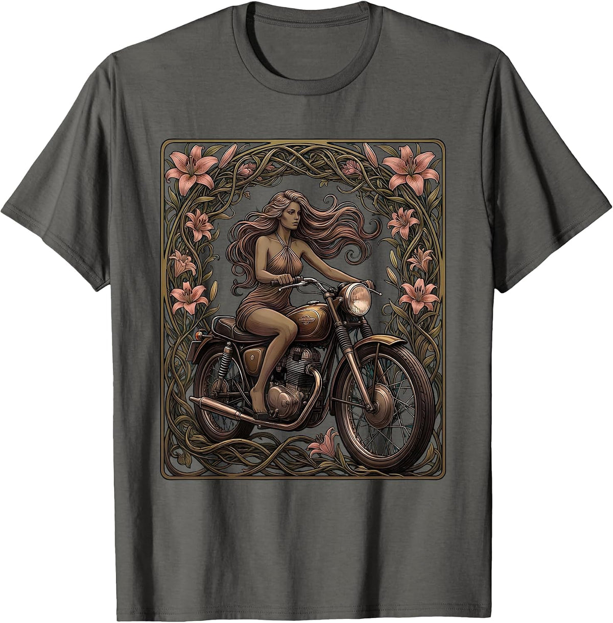 70s Biker Babe Halter Top Motorcycle Illustration T-Shirt - Asphalt Grey