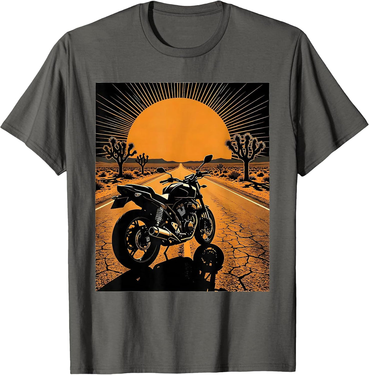 Lone Motorcycle Desert Highway Dusk Biker Graphic T-Shirt - Asphalt Grey