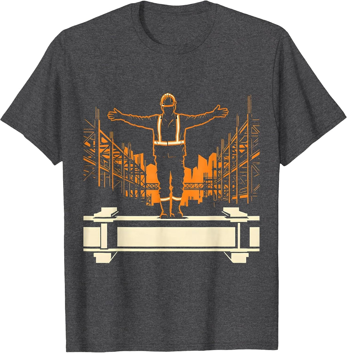 Iron Worker Balancing on Steel Beam Illustration T-Shirt - Dark Heather Grey