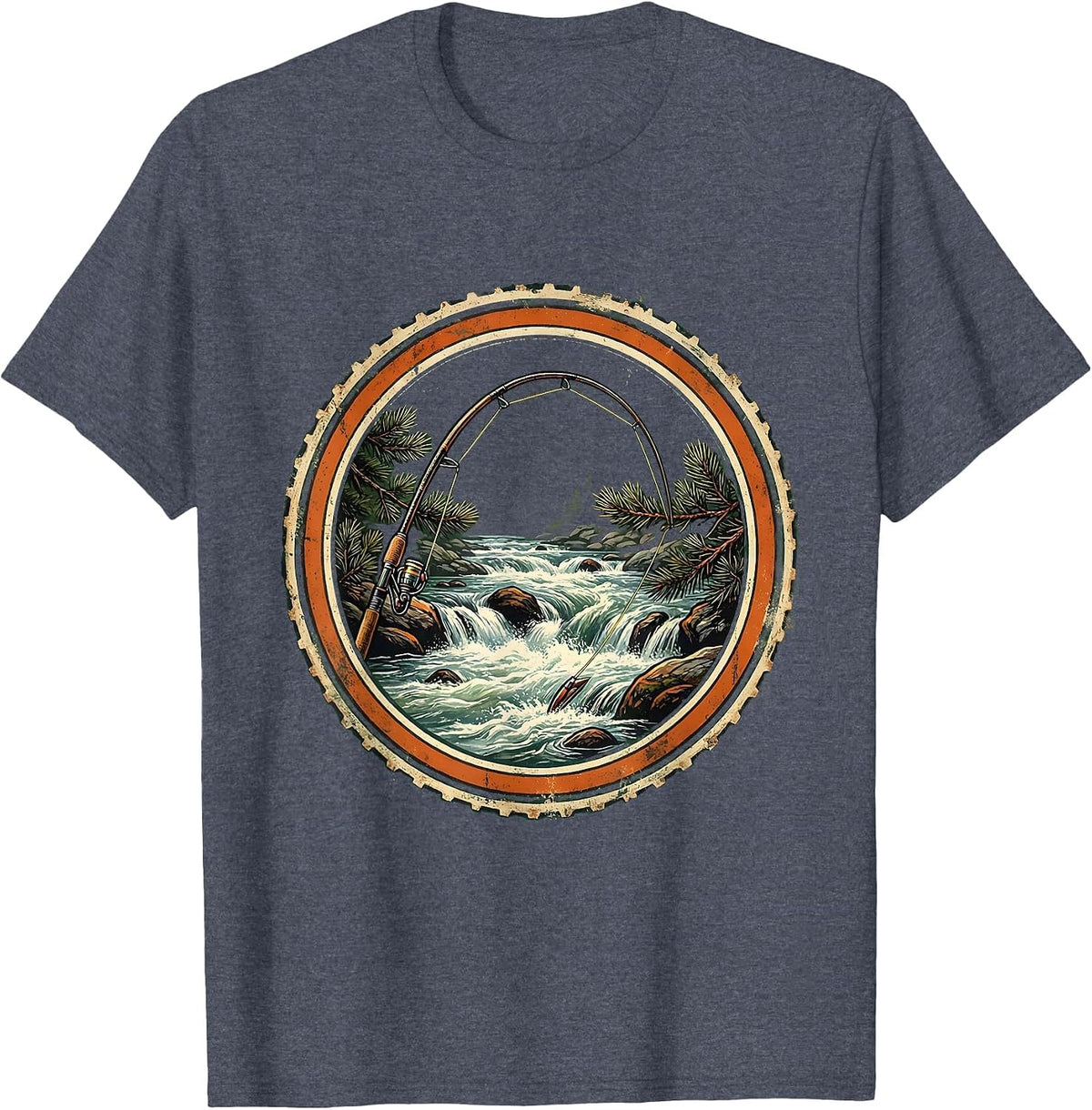 Fly Fishing Rod Over River Rapids Graphic T-Shirt - Heather Blue