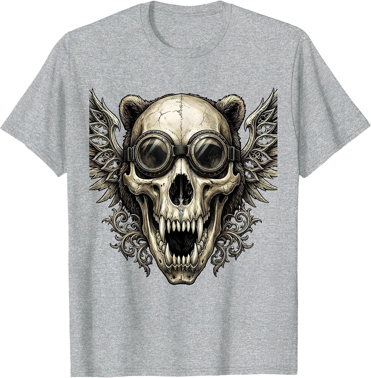 Men's Bear Skull Motorcycle Goggles Biker Graphic T-Shirt - Heather Grey