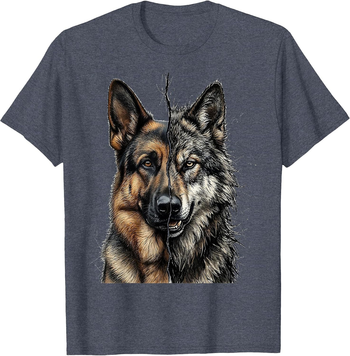 German Shepherd Wild Wolf Split Profile Graphic T-Shirt - Heather Blue