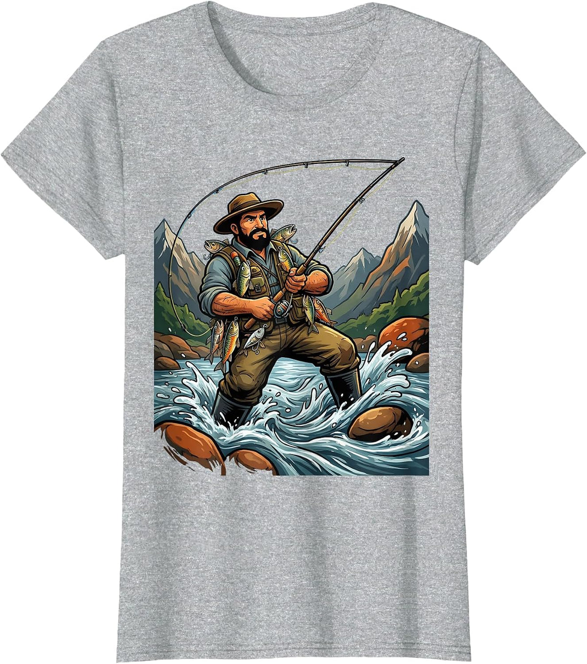 Fly Fisherman in Mountain Stream Graphic T-Shirt - Heather Grey