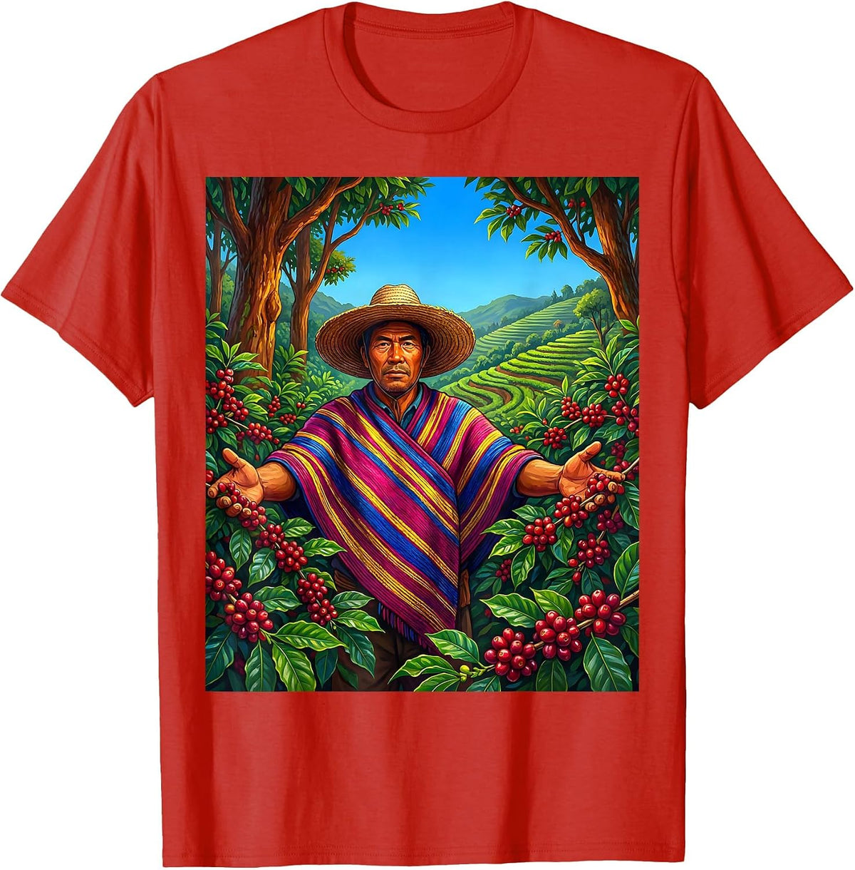Men's Colombia Coffee Farmer Harvest Illustration T-Shirt - Red