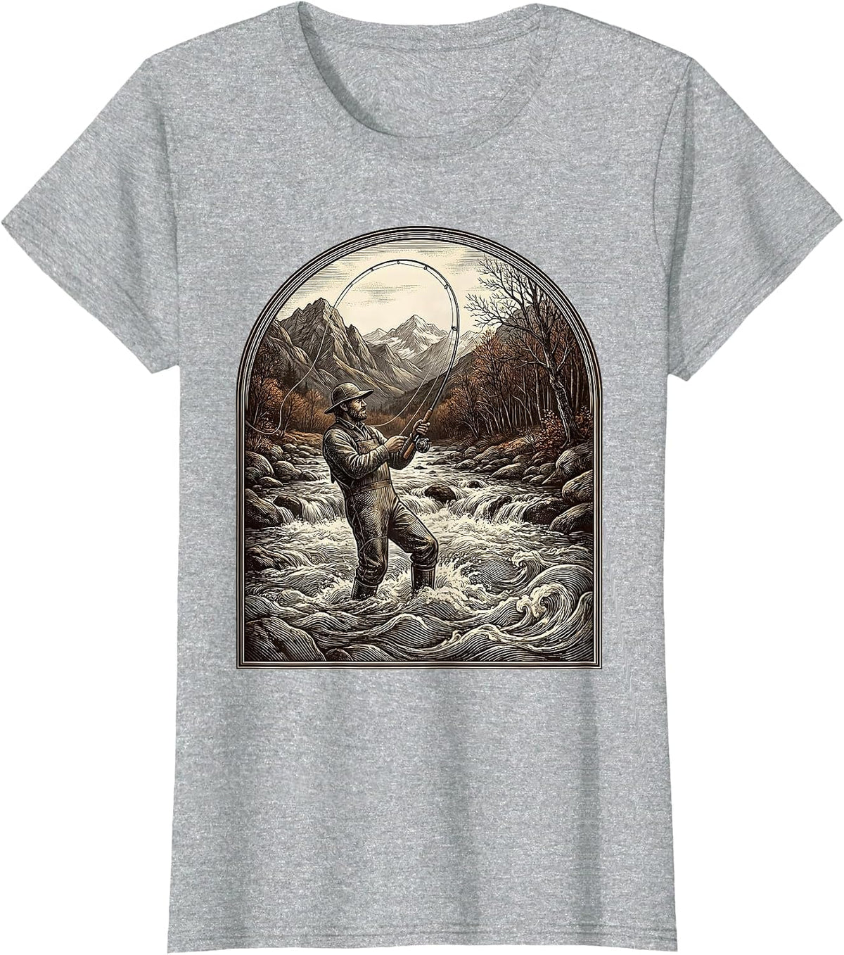 Fly Fishing Mountain Stream Fall Illustration T-Shirt - Heather Grey