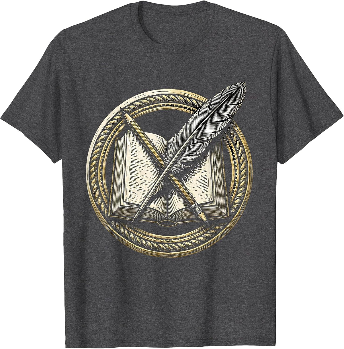 Men's English Teacher Open Book Pencil and Quill Design T-Shirt - Dark Heather Grey