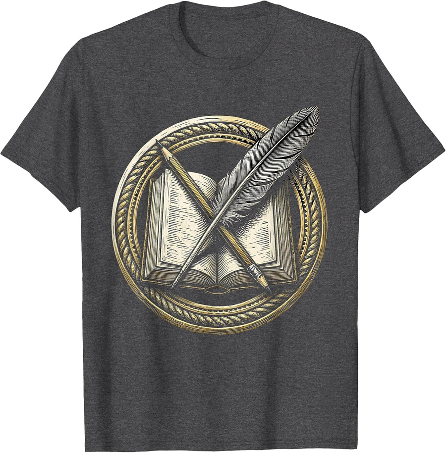 Men's English Teacher Open Book Pencil and Quill Design T-Shirt - Dark Heather Grey