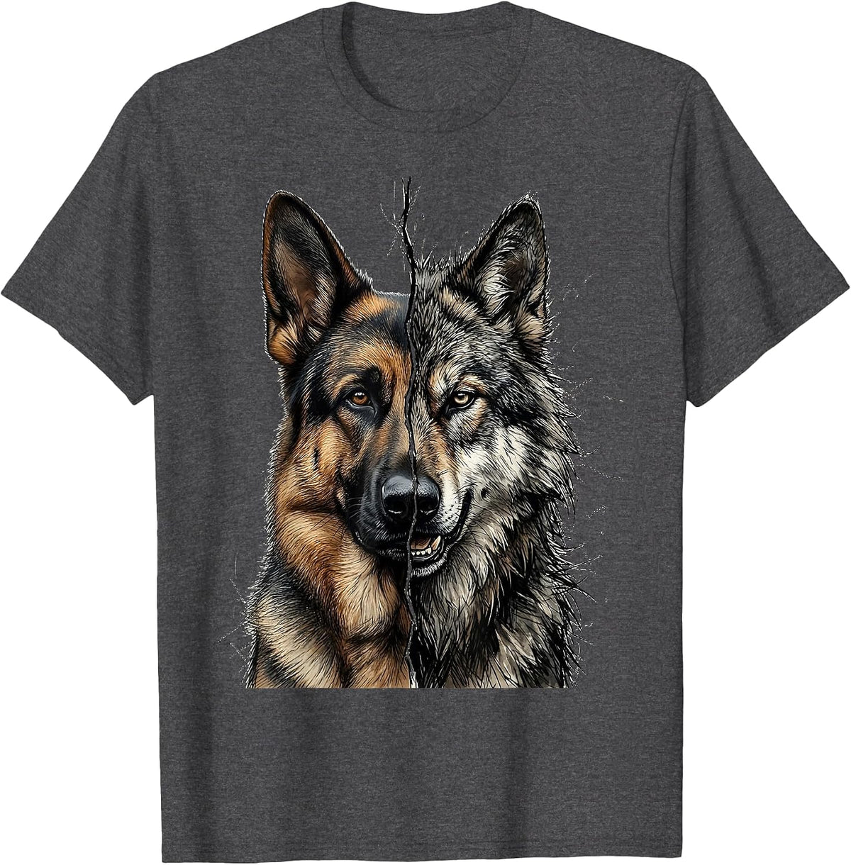 German Shepherd Wild Wolf Split Profile Graphic T-Shirt - Dark Heather Grey