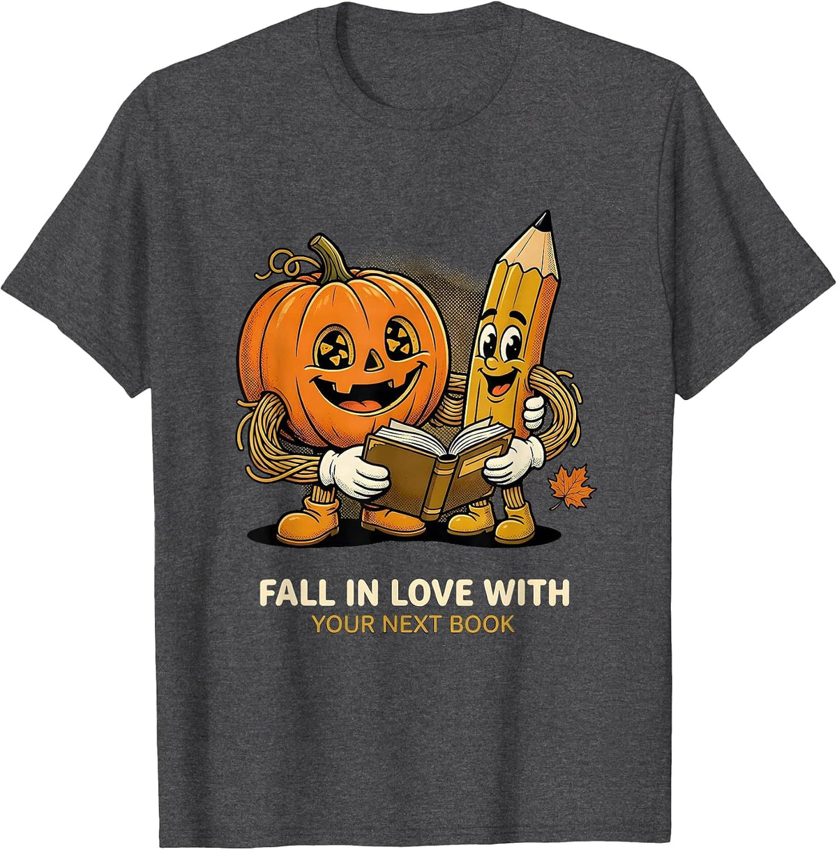 Fall In Love With Your Next Book Retro Cartoon Teacher Book T-Shirt - Dark Heather Grey