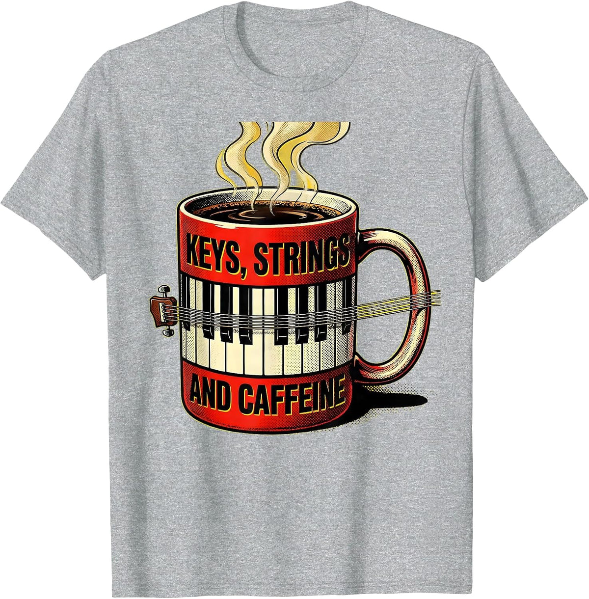 Men's Keys, Strings, and Caffeine Music Teacher Design T-Shirt - Heather Grey