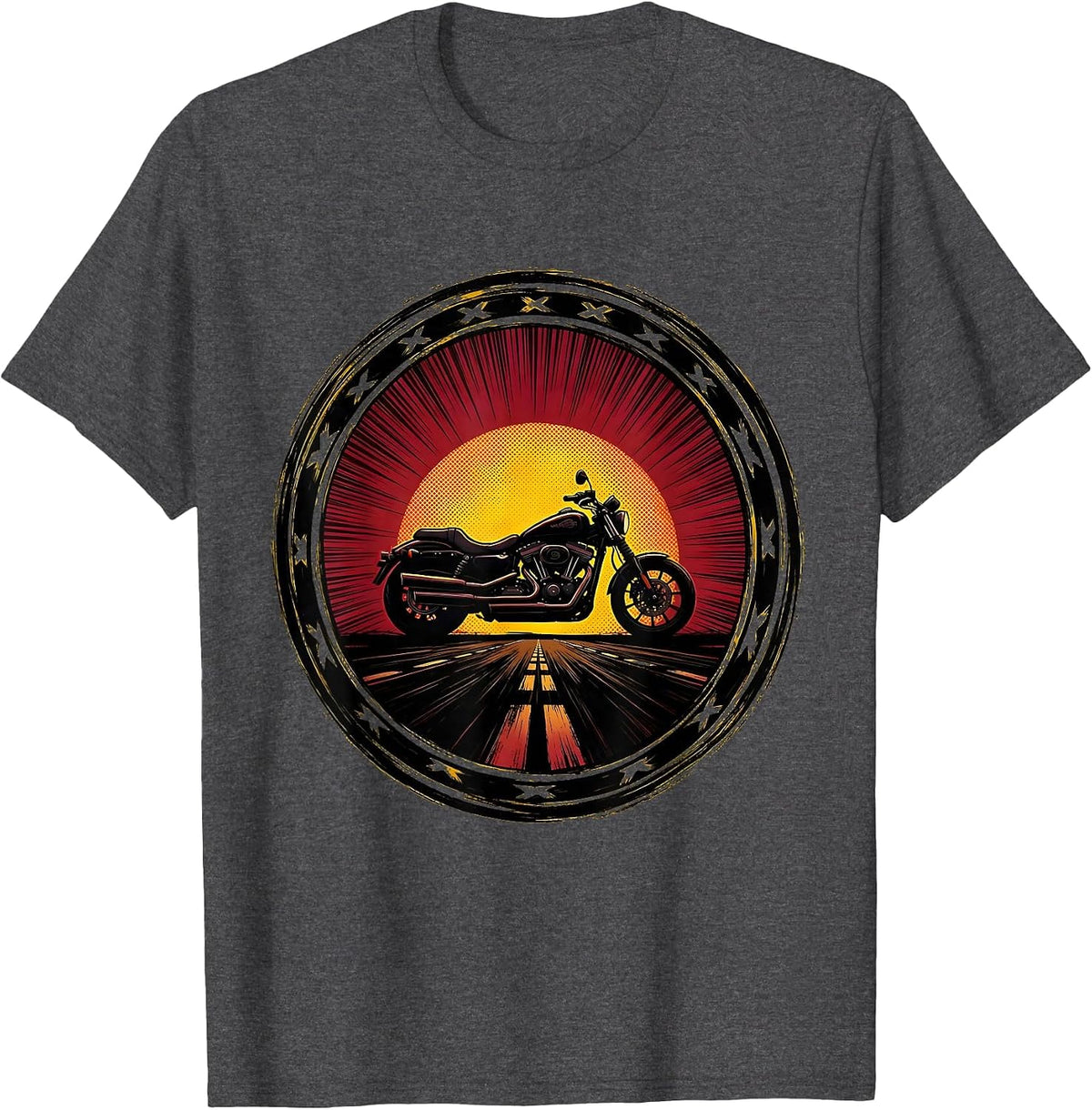 Retro 80s Motorcycle Sunset Silhouette Design T-Shirt - Dark Heather Grey