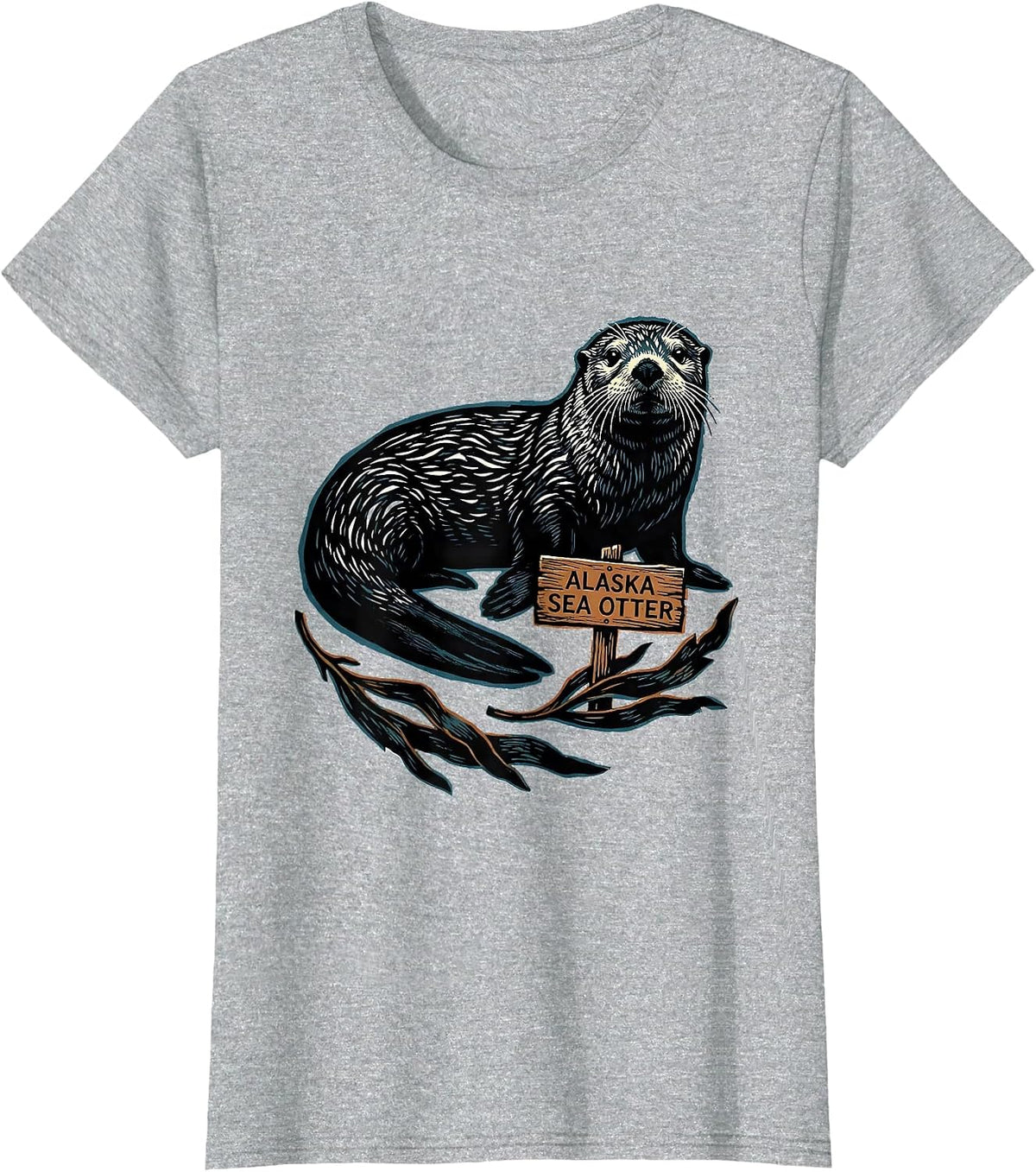 Women's Alaska Sea Otter Linocut Vintage State Pride Wildlife T-Shirt - Heather Grey