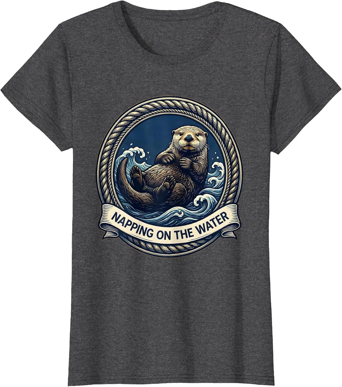 Women's Napping on the Water Sea Otter Design T-Shirt - Dark Heather Grey