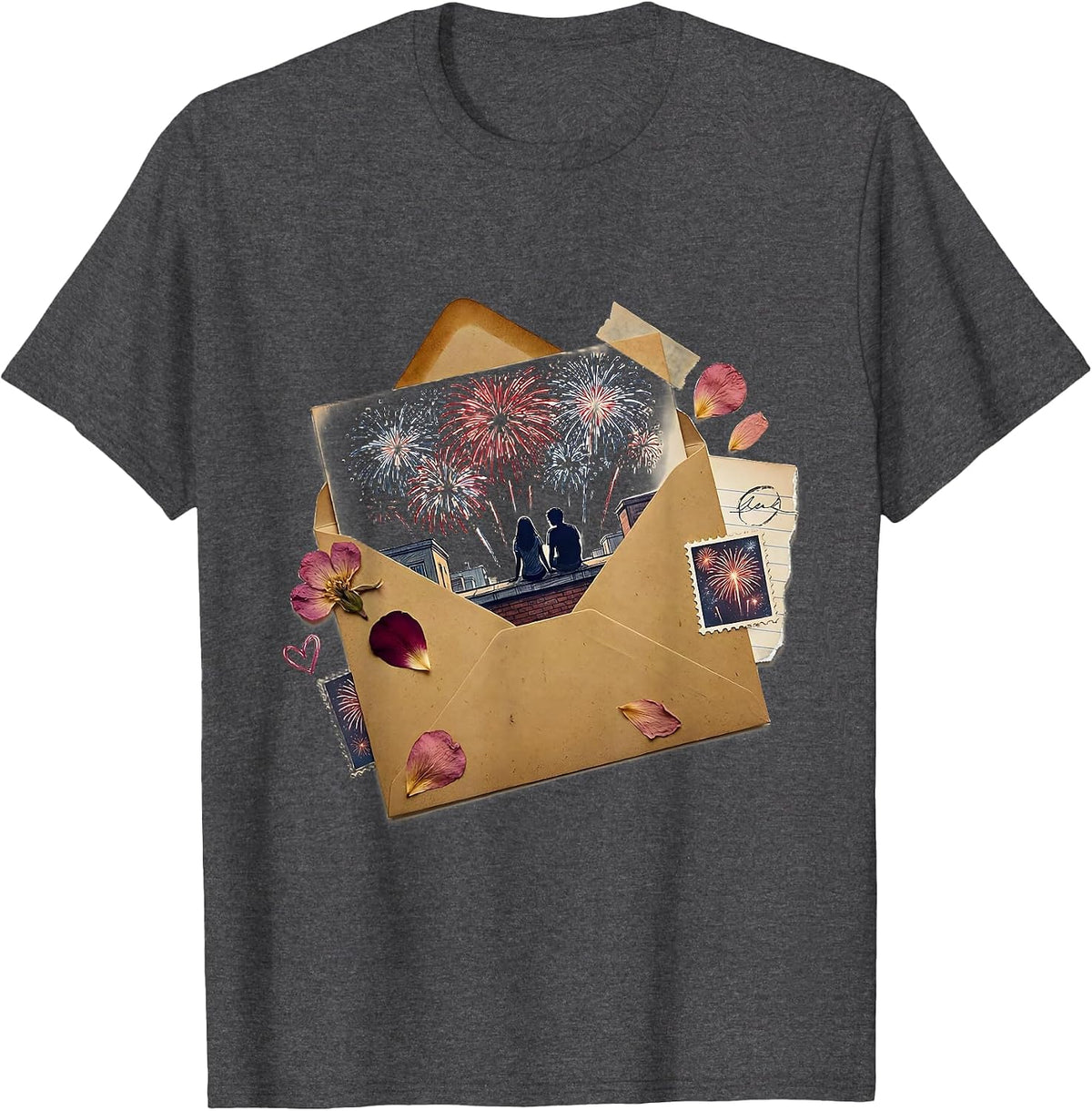 Rooftop Fireworks Couple Night Sky Illustration T-Shirt - Dark Heather Grey