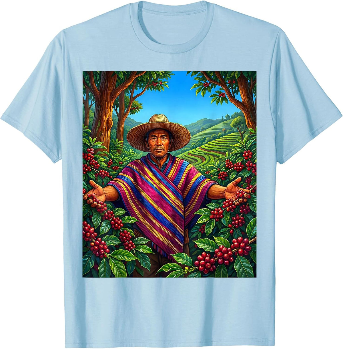 Men's Colombia Coffee Farmer Harvest Illustration T-Shirt - Baby Blue