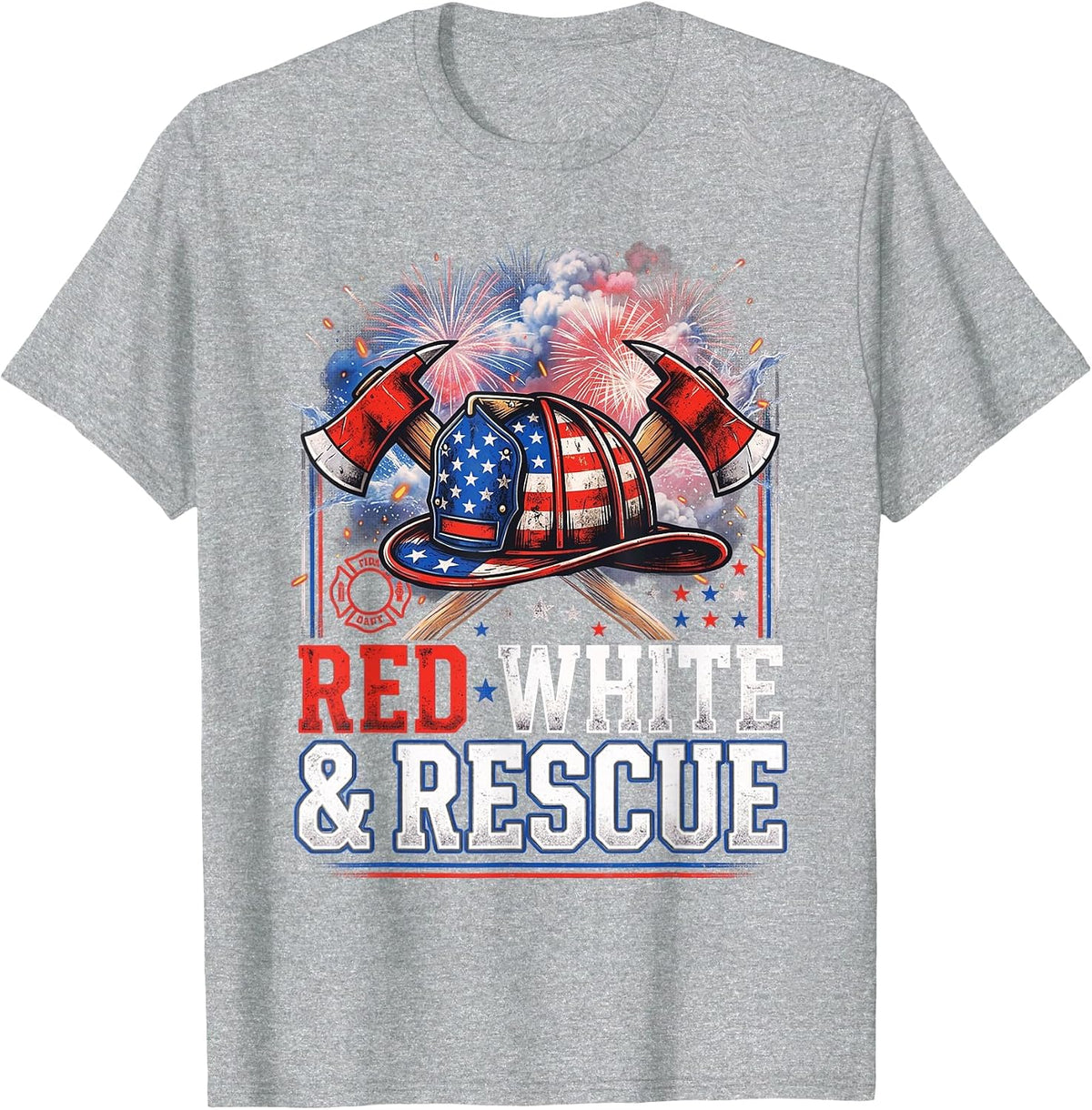 White Red Rescue 4th of July Patriotic Firefighter USA Flag T-Shirt - Heather Grey