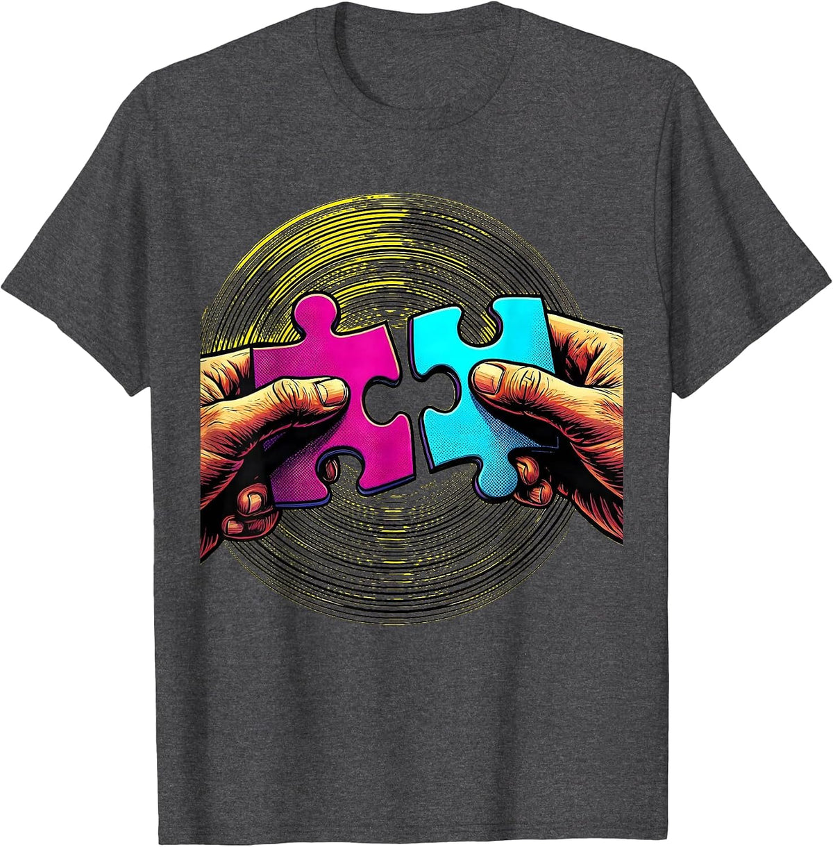 Men's Autism Awareness Puzzle Pieces Connecting Hands T-Shirt - Dark Heather Grey